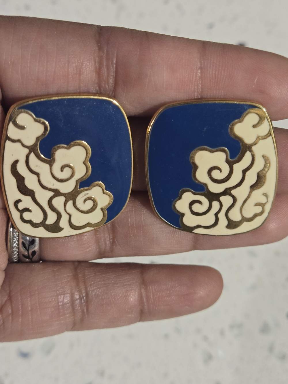 Vintage Blue and Cream Goldtone Enamel Statement Earrings - Picture 5 of 5